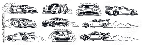 Racing automobiles set labels monochrome