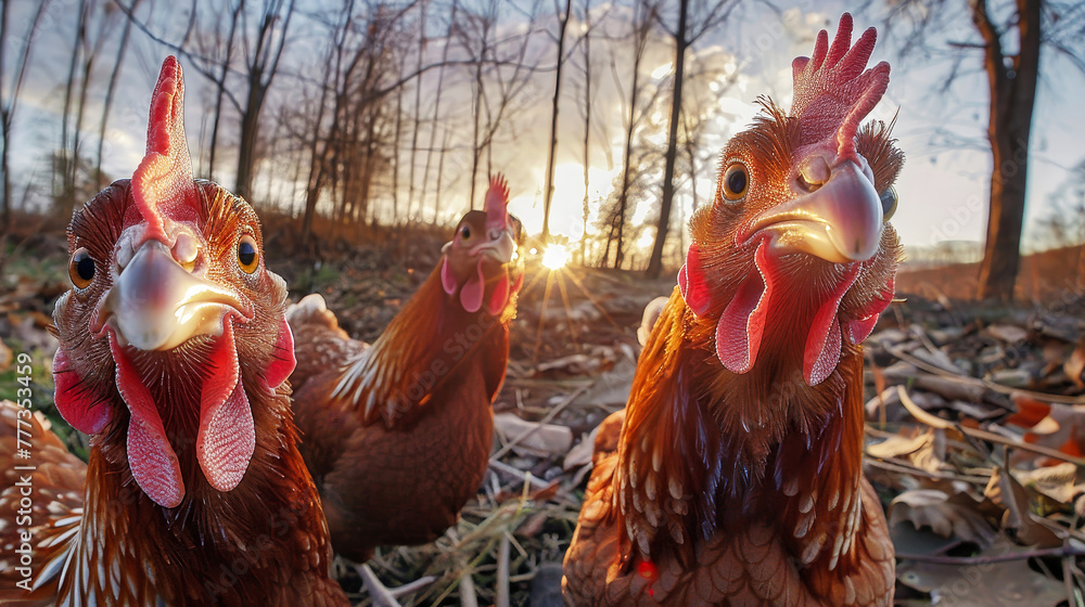 A group of chickens standing closely next to each other in a farmyard, displaying social behavior