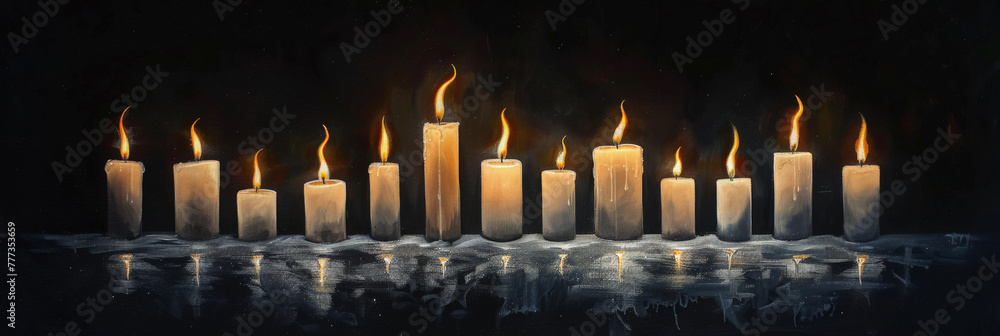 A row of burning white candle on black background