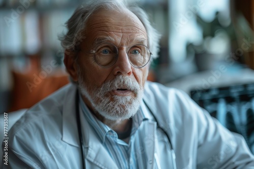 Close-up of a senior male doctor in eyeglasses with a thoughtful expression in a medical setting
