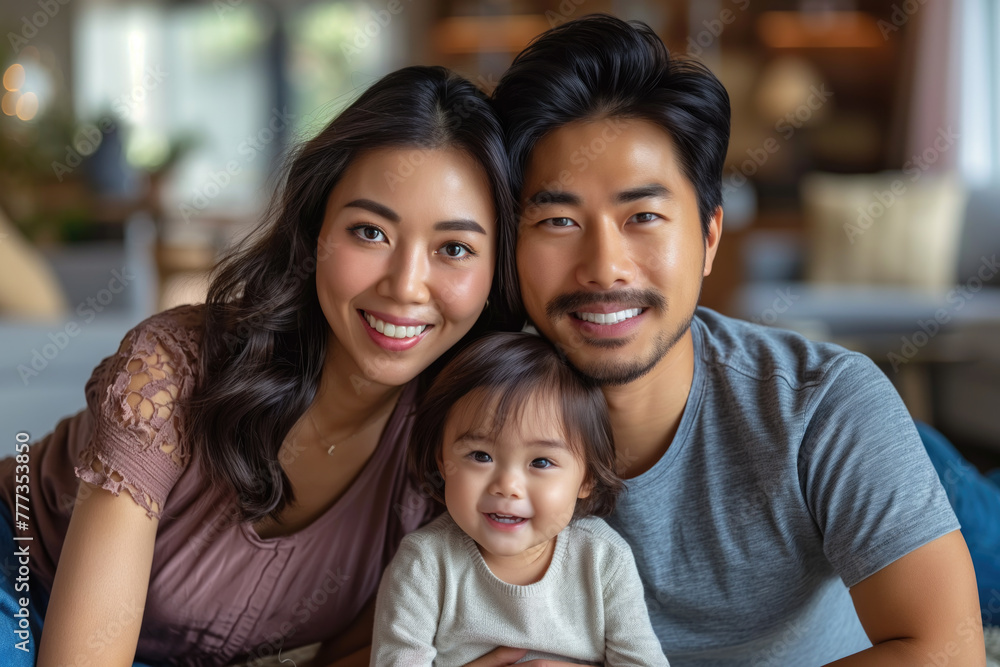 Beautiful Asian family with little daughter, smiling, happy.