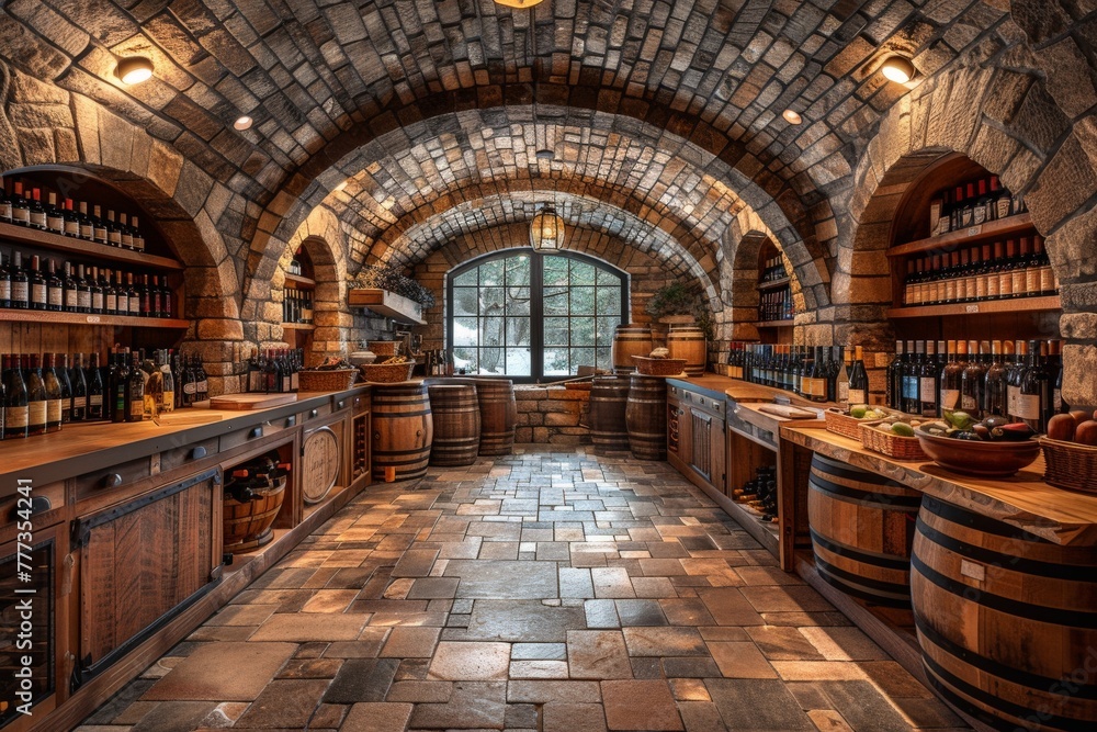 Cozy, old-style wine cellar with stone arches, wooden barrels, shelves of bottles, and a rustic ambiance