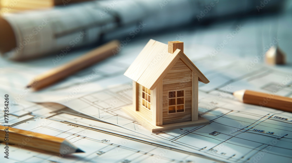 A wooden house is situated on top of a blueprint, symbolizing planning for real estate development like sale, rental, and mortgage A wooden house is situated on top of a blueprint, symbolizing planning for real estate development like sale, rental, and mortgage