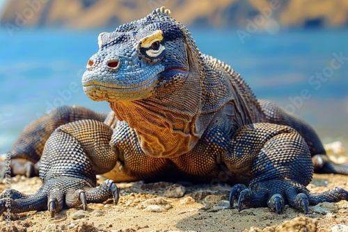 Vivid close-up of an iguana basking on sand with sharp details on scales and expressive eyes