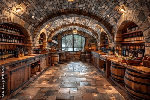 Cozy, old-style wine cellar with stone arches, wooden barrels, shelves of bottles, and a rustic ambiance