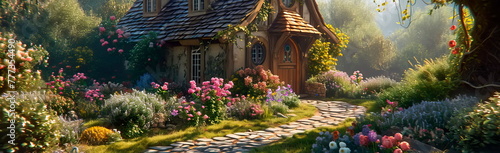 A charming flower-filled cottage surrounded by a lush garden filled with colorful flowers and climbing vines. Generative AI © Лилия Захарчук