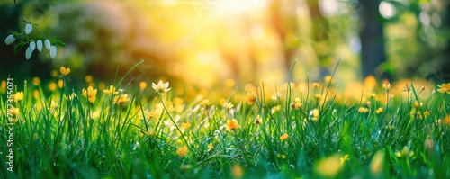 Beautiful spring meadow landscape with green grass and yellow flowers, blurred background, copy space concept