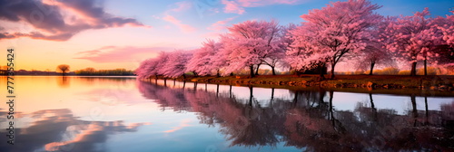 An evening lake where the spring sky is reflected, and cherry trees in bloom on the shore. Generative AI photo