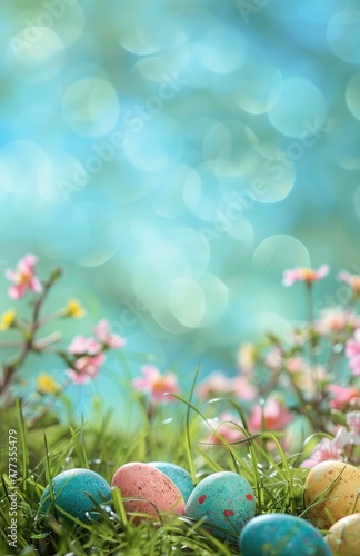 Easter background with colorful eggs in green grass, blue sky and blurred flowers on the edges, copy space