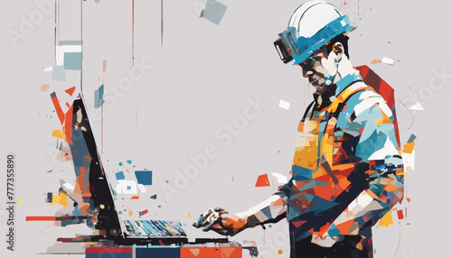 Ein Techniker mit Schutzhelm steht an einem Computer und überprüft Daten. men at work