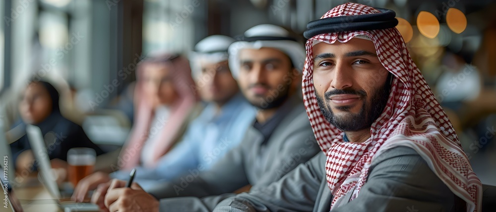 Fototapeta premium Arab businessmen collaborating with digital devices on desk in sunlight. Concept Business Collaboration, Arab Executives, Digital Devices, Sunlit Office