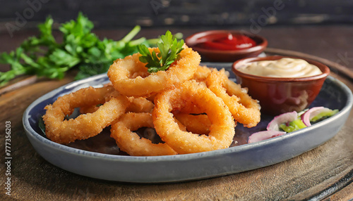 Tasty onion rings with sauce. Tasty snack. Delicious fast food. Culinary concept. Dark backdrop.