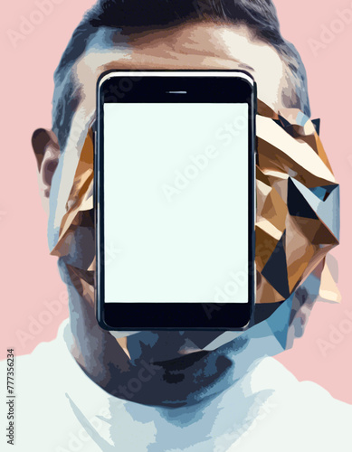 Smartphone vor einem Gesicht. Leerraum. trendiger Hintergrund für Tapeten, Poster, Karten, Einladungen, Websites.