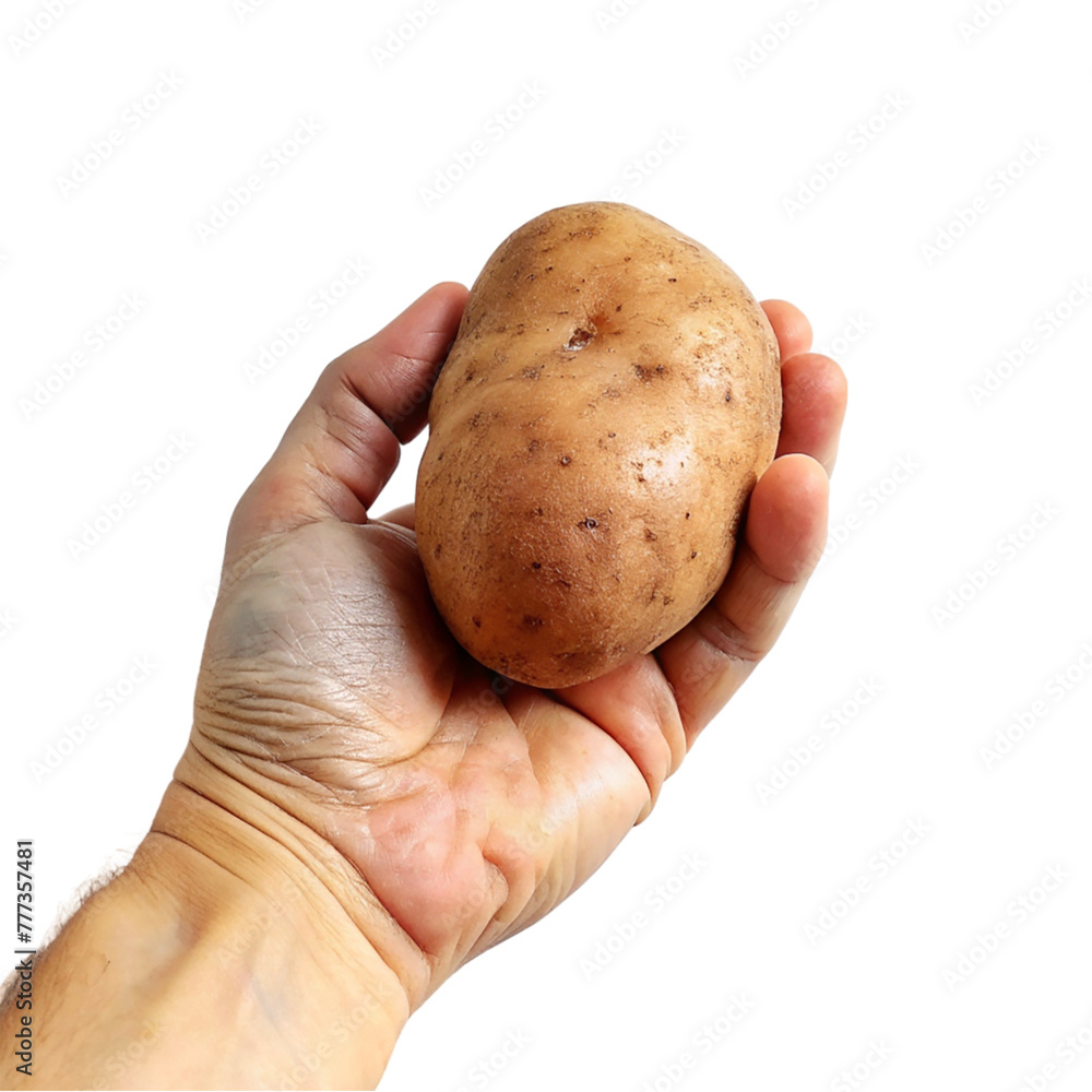 Hand holding potato isolated on transparent background. Hand holding potato isolated on transparent background.
