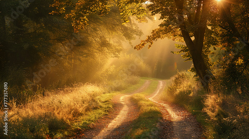 Rural scene with a path warmly illuminated by the golden sunlight , AI Generative.ive. © Miry Haval