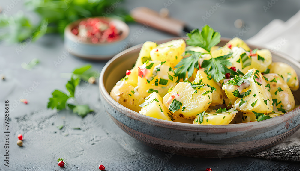 Bowl of tasty Potato Salad with greens on grey background Bowl of tasty Potato Salad with greens on grey background