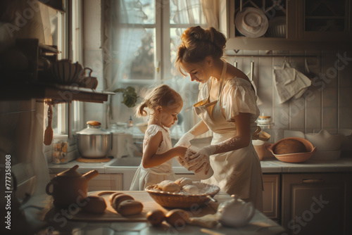 Mother having fun with her little daughter, cooking and baking in the kitchen. Family relationship. photo