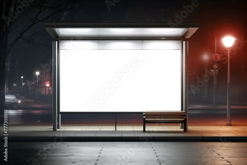 Empty billboard at the bus stop on the street at night, mockup for design