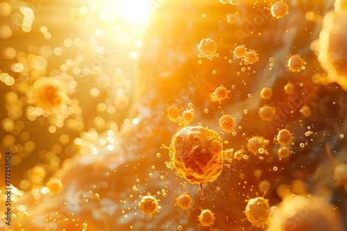 Captivating Glow of Adoptive Cell Transfer A Vibrant Cellular Armada Against Cancer in Golden Hour Hues