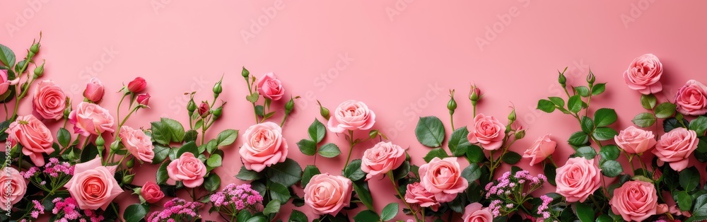 Women's Day Celebration: Pink Rose Flower Frame on Pastel Background, Top View Flat Lay with Space