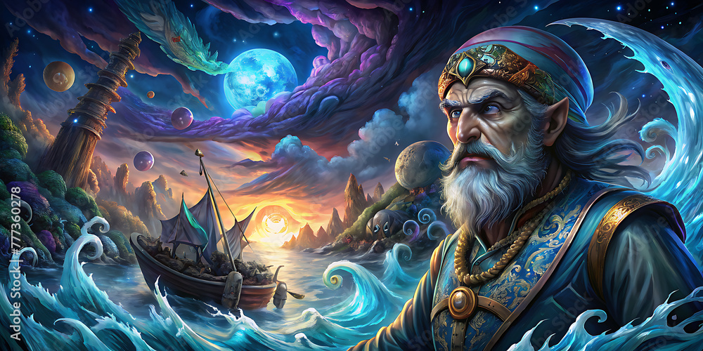 Moonlit sea with Sinbad the Sailor navigating treacherous waters amid mythical creatures and awe-inspiring landscapes. Moonlit sea with Sinbad the Sailor navigating treacherous waters amid mythical creatures and awe-inspiring landscapes.