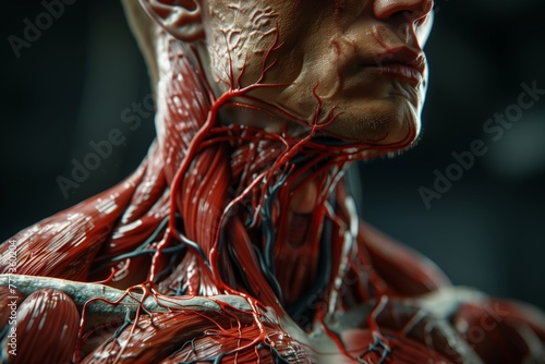 The structure of the upper shoulder girdle with muscles, arteries and ligaments at the neck and shoulders, abstract anatomical model. face head with chin photo