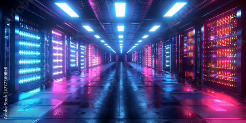  data center with rows and columns of high-tech server racks,servers in a data center. Suitable for technology, network infrastructure, data storage, and cybersecurity concepts.