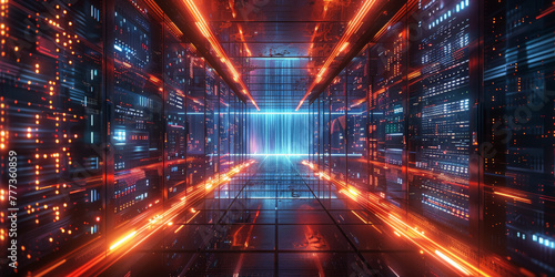  data center with rows and columns of high-tech server racks,servers in a data center. Suitable for technology, network infrastructure, data storage, and cybersecurity concepts.