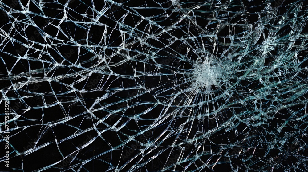 A conceptual representation of smashed glass, where the cracks form an intricate network of lines and shapes, creating an abstract art piece on a black backdrop. A conceptual representation of smashed glass, where the cracks form an intricate network of lines and shapes, creating an abstract art piece on a black backdrop.