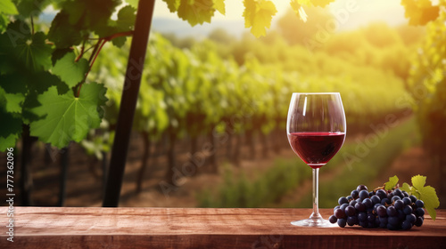 Wooden table with glass of fresh purple red grapes, red wine and free space on nature blurred background, vineyard field.