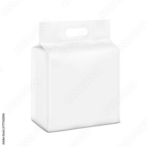 Realistic stand bag with hole handle mockup. Half side view. Vector illustration isolated on white background. Ready for your design. Suite for the presentation of diaper, foods, wet wipes. EPS10.