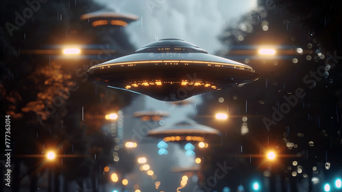 Investigation into Government UFO Coverups Amidst a Futuristic Cityscape at Night photo