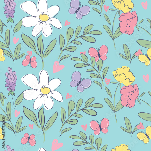 Hand Drawn cute Flowers background print for textile. The drawn flowers beautiful illustration for the fabric. Design ornament pattern seamless. Vector © Alsu Art