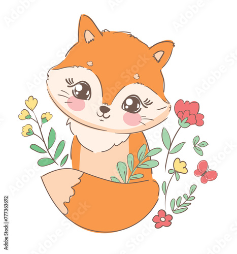 Hand Drawn Cute Fox Vector Illustration  Woodland animal  Print for children s t-shirts.