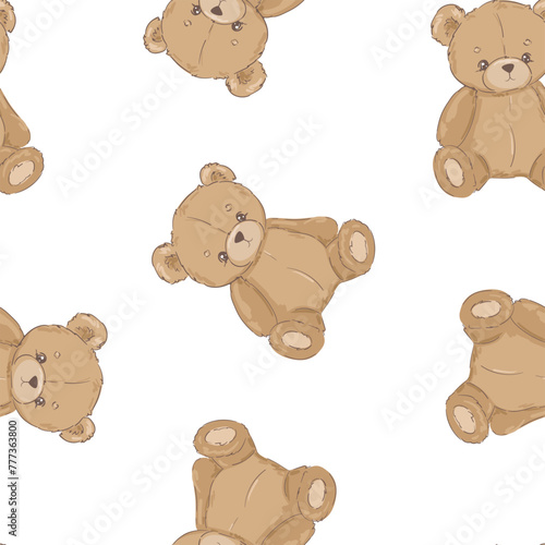 Hand Drawn Cute little Teddy Bears seamless pattern. Vector illustration kids design