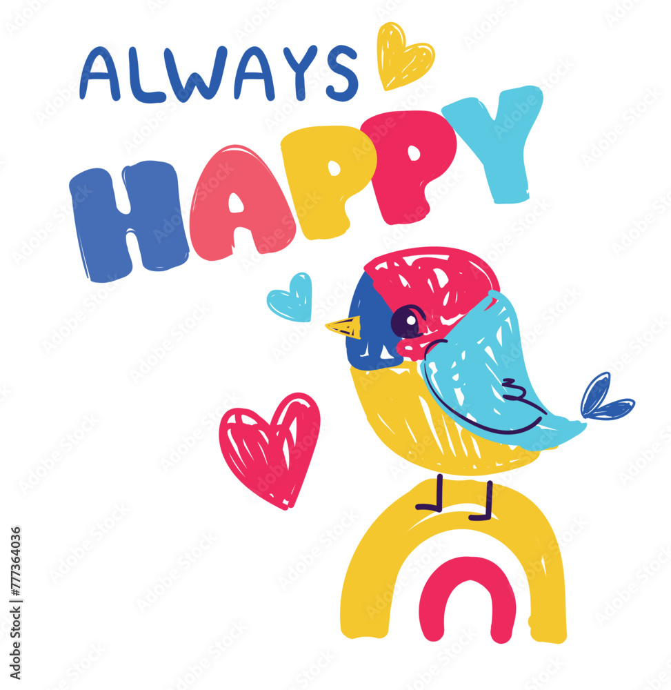 Vector colorful cartoon bird cute illustration kids print