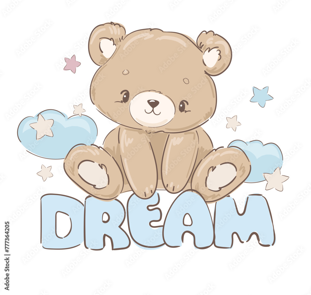 Hand Drawn Cute little Teddy Bear, vector illustration, Print for baby, newborns design