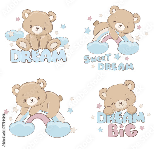 Hand Drawn Cute little Teddy Bear, vector illustration, Print for baby, newborns design