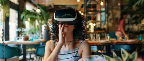 Close-up of a woman using a virtual reality headset, blurred café background. VR technology