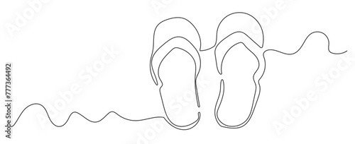 Line art (one line) hand drawn pair of slippers (flip flops), isolated on white background (backdrop). Vector illustration.