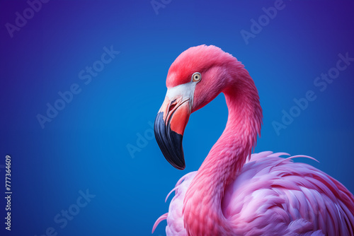 tête d'un flamant rose vue par le haut sur son plumage, avec son bec rose et noir, oiseau échassier sur fond bleu dégradé avec espace négatif copy space photo