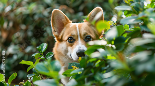 A curious corgi peeking out from behind a bush in its owner's garden