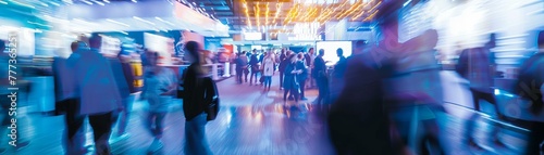 Blurred motion of people walking at trade show, concept of business events and networking