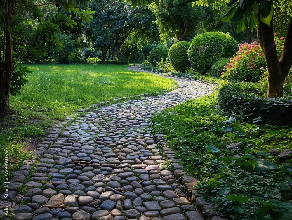 Cobblestone path in garden, meandering through wellkept lawn, serene nature beauty, low angle, dappled light Cobblestone path in garden, meandering through wellkept lawn, serene nature beauty, low angle, dappled light