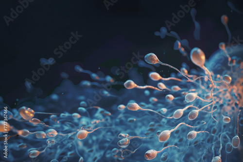 course effrénée  de milliers de spermatozoïdes se dirigeant vers l'ovule à l'intérieur du vagin d'une femme, au moment de l'éjaculation. Sperme blanc laiteux et flagelle rosé, sur fond noir copy space photo
