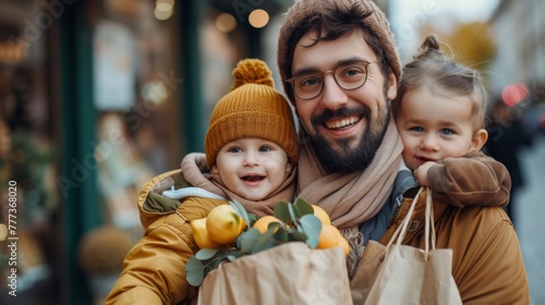 A man with a beard and two children holding bags of groceries, AI