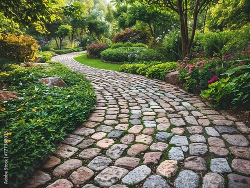 Picturesque garden  curving cobblestone walkway  surrounded by lush greenery  idyllic setting  clear day