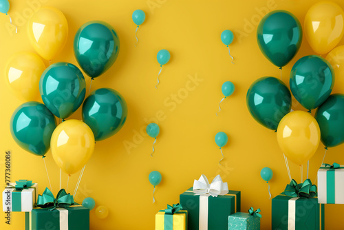 Paquets cadeaux vert et jaune avec ruban et nœuds en bolduc ballon baudruche aux mêmes couleurs sur fond jaune Espace texte copyspace, célébrations, anniversaire, baby shower, Noël, 