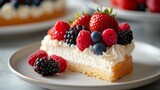 A piece of a cake with berries on top is sitting on the plate, AI