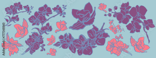 Isolated hand drawn vector orchid flowers.Outline sketch.Pink and purple orchid flower branch with buds and flowers. Blue. Romantic. Fabric pattern. 